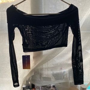 Black Mesh Off Shoulder Long Sleeve Crop Top
